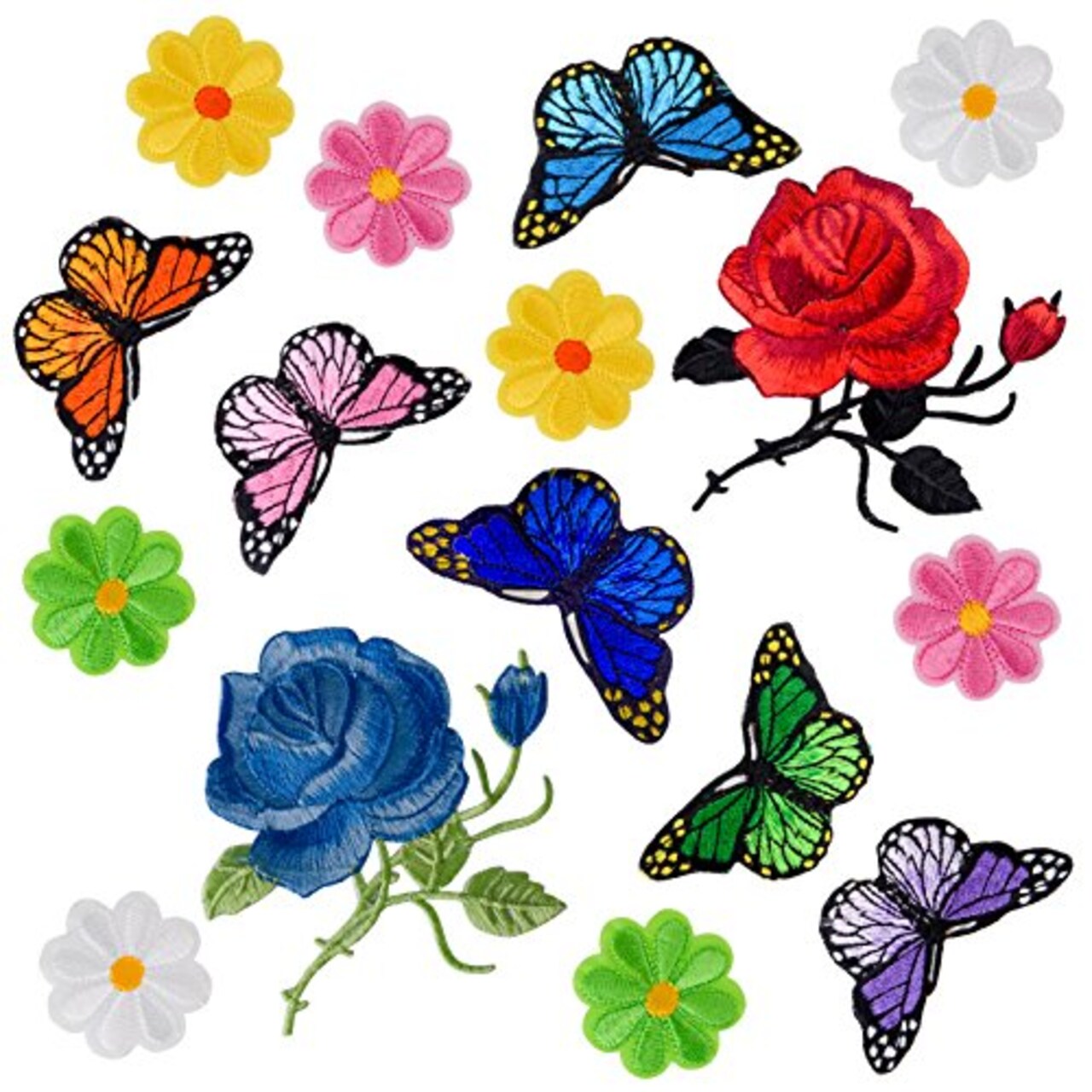 16 Pieces Flowers Butterfly Sunflowers Iron on/Sew on Patches Rose Embroidery Applique Patches for Arts Crafts DIY Decor, Jeans, Jackets, Clothing, Bags
